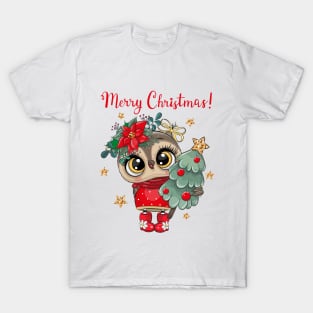 Cute owl holds a Christmas tree and the inscription merry Christmas T-Shirt